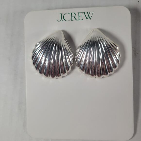 J. Crew Classic Feminine Yara Metallic Shell Silver 1.5" Earrings #BQ554 - Picture 1 of 2